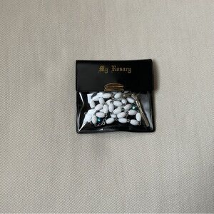 White and Iridescent Green Rosary Beads, Silver Toned Cross Crucifix with Pouch